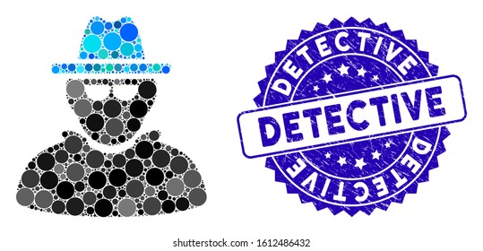Mosaic detective icon and corroded stamp watermark with Detective caption. Mosaic vector is designed with detective pictogram and with random round items. Detective stamp uses blue color,