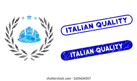 Mosaic developer laureal wreath and corroded stamp seals with Italian Quality text. Mosaic vector developer laureal wreath is created with scattered rectangle items.