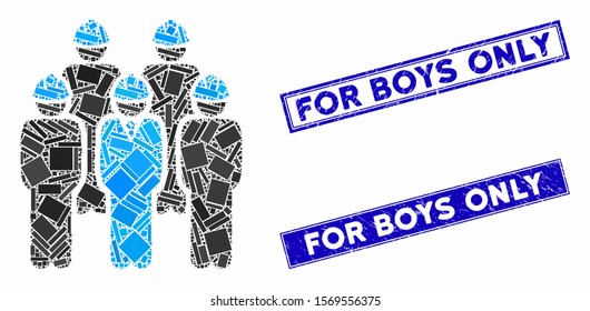 Mosaic developer staff icon and rectangular seal stamps. Flat vector developer staff mosaic icon of random rotated rectangle items. Blue caption seal stamps with corroded textures.