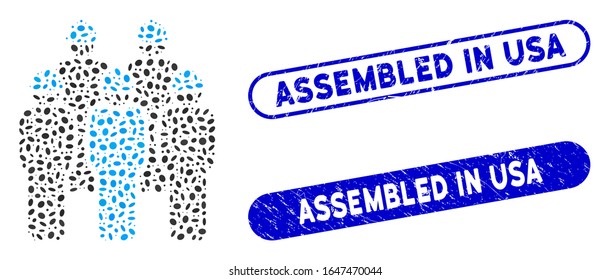 Mosaic developer staff and rubber stamp seals with Assembled in USA phrase. Mosaic vector developer staff is composed with scattered elliptic parts. Assembled in USA stamp seals use blue color,