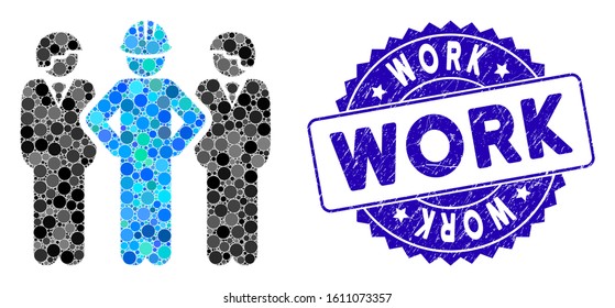 Mosaic developer team icon and grunge stamp seal with Work caption. Mosaic vector is designed with developer team pictogram and with random spheric elements. Work stamp seal uses blue color,