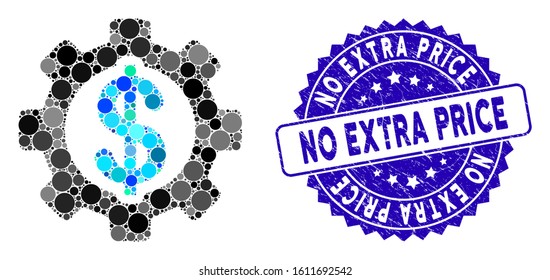 Mosaic development cost icon and rubber stamp seal with No Extra Price text. Mosaic vector is created from development cost icon and with randomized circle elements.