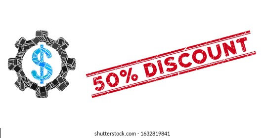 Mosaic development cost pictogram and red 50% Discount seal stamp between double parallel lines. Flat vector development cost mosaic pictogram of scattered rotated rectangular items.