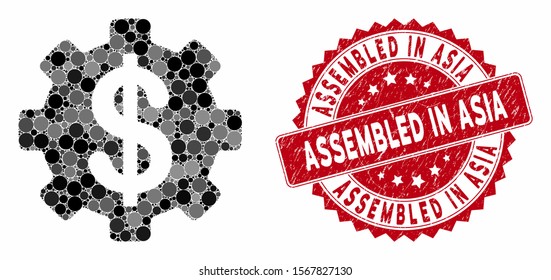 Mosaic development cost and rubber stamp seal with Assembled in Asia text. Mosaic vector is composed from development cost icon and with random spheric spots.