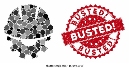 Mosaic development and distressed stamp watermark with Busted! text. Mosaic vector is created with development icon and with randomized circle items. Busted! stamp uses red color, and grunged surface.