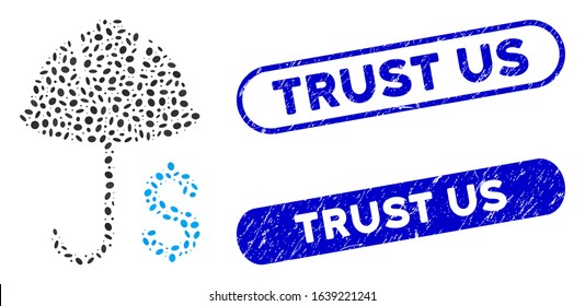 Mosaic development financial coverage and rubber stamp seals with Trust Us text. Mosaic vector development financial coverage is created with scattered elliptic items.