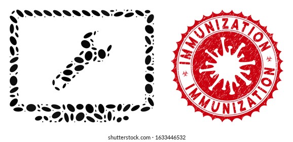 Mosaic development icon and red rounded grunge stamp watermark with Immunization phrase and coronavirus symbol. Mosaic vector is composed from development icon and with randomized elliptic items.