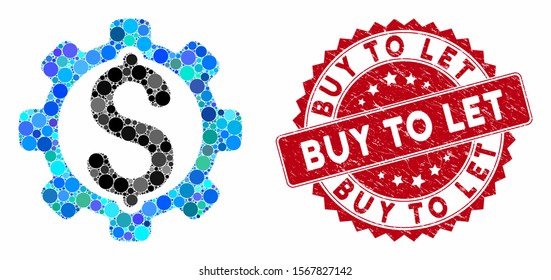 Mosaic development price and rubber stamp watermark with Buy to Let phrase. Mosaic vector is created with development price icon and with randomized round elements. Buy to Let stamp uses red color,
