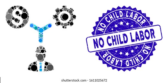 Mosaic development relations icon and rubber stamp seal with No Child Labor text. Mosaic vector is created with development relations icon and with scattered circle elements.