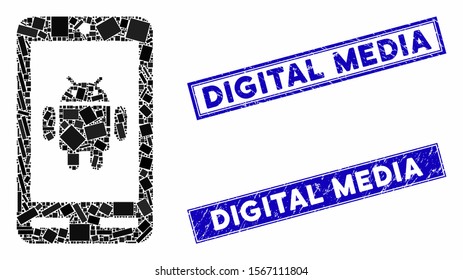 Mosaic device phone icon and rectangular seal stamps. Flat vector device phone mosaic icon of randomized rotated rectangle items. Blue caption seal stamps with distress surface.