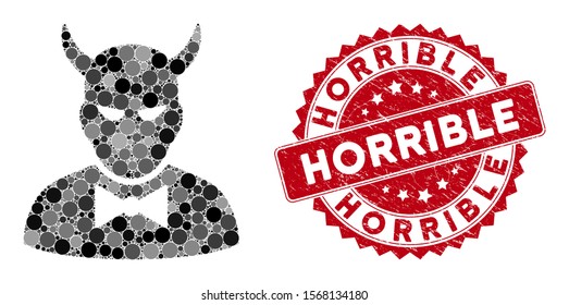 Mosaic devil and grunge stamp seal with Horrible text. Mosaic vector is created with devil icon and with randomized circle spots. Horrible stamp uses red color, and grunge surface.