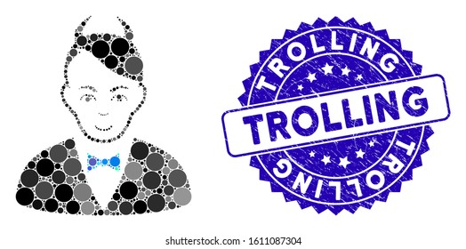 Mosaic devil icon and grunge stamp seal with Trolling caption. Mosaic vector is composed with devil icon and with scattered round spots. Trolling stamp seal uses blue color, and scratched surface.