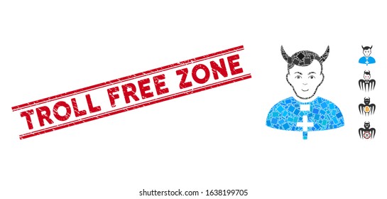 Mosaic devil priest pictogram and red Troll Free Zone stamp between double parallel lines. Flat vector devil priest mosaic pictogram of scattered rotated rectangular elements.