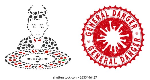 Mosaic devil roulette croupier icon and red rounded distressed stamp seal with General Danger caption and coronavirus symbol.