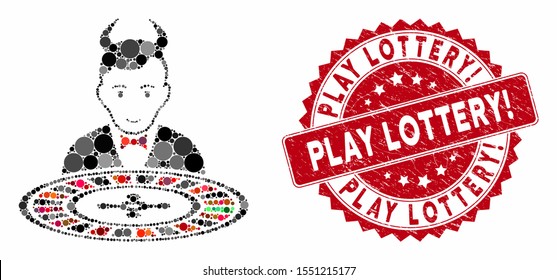 Mosaic devil roulette croupier and rubber stamp seal with Play Lottery! caption. Mosaic vector is composed with devil roulette croupier icon and with random round items.