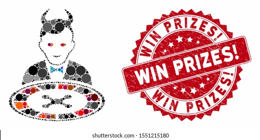 Mosaic devil roulette dealer and corroded stamp watermark with Win Prizes! phrase. Mosaic vector is designed with devil roulette dealer icon and with randomized round items.