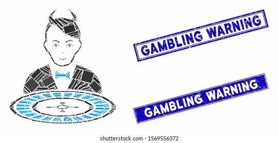 Mosaic devil roulette dealer icon and rectangular rubber prints. Flat vector devil roulette dealer mosaic icon of random rotated rectangular items. Blue caption seals with rubber textures.