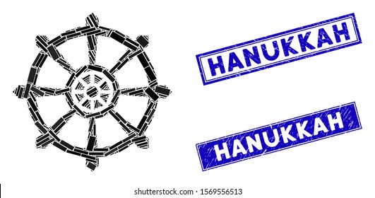 Mosaic dharma wheel pictogram and rectangular seal stamps. Flat vector dharma wheel mosaic pictogram of randomized rotated rectangular items. Blue caption seal stamps with distress textures.