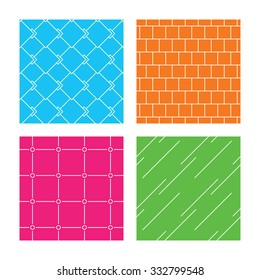 Mosaic, diagonal lines and grid with circles seamless textures. Linear geometric ornament patterns. Modern textures. Textures on colored squares. Vector