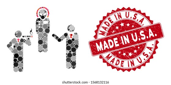 Mosaic dialog with alien and grunge stamp seal with Made in U.S.A. caption. Mosaic vector is created from dialog with alien icon and with scattered circle spots. Made in U.S.A.