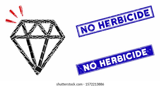 Mosaic diamond crystal pictogram and rectangle No Herbicide seals. Flat vector diamond crystal mosaic pictogram of scattered rotated rectangle items. Blue No Herbicide watermarks with grunge texture.