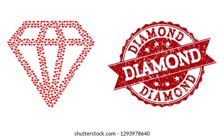 Mosaic diamond designed with red love hearts, and isolated grunge watermark. Composition for Valentines Day. Diamond concept constructed with small random dating heart items.