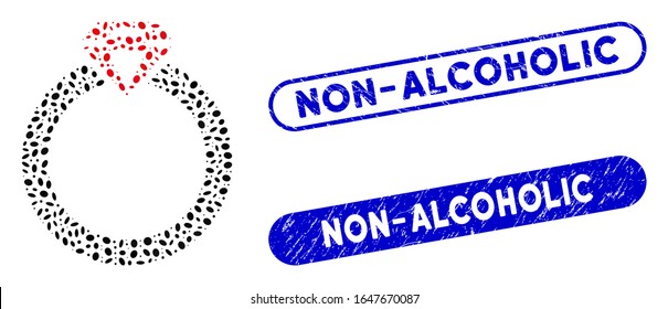 Mosaic diamond ring and grunge stamp seals with Non-Alcoholic caption. Mosaic vector diamond ring is created with scattered ellipse parts.  