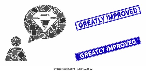 Mosaic diamond thinking person icon and rectangular Greatly Improved seals. Flat vector diamond thinking person mosaic icon of scattered rotated rectangular items.