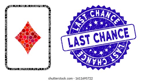 Mosaic diamonds gambling card icon and rubber stamp watermark with Last Chance caption. Mosaic vector is composed with diamonds gambling card icon and with random round items.