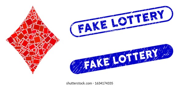 Mosaic diamonds suit and grunge stamp seals with Fake Lottery phrase. Mosaic vector diamonds suit is designed with random rectangle items. Fake Lottery stamp seals use blue color,
