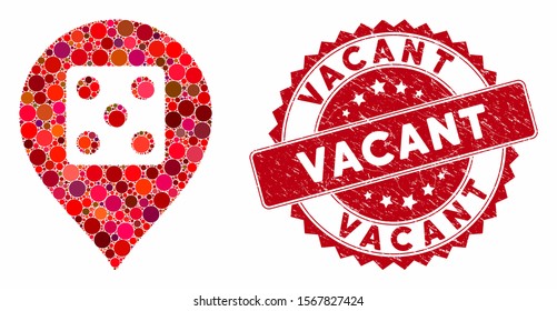 Mosaic dice casino marker and grunge stamp watermark with Vacant text. Mosaic vector is formed with dice casino marker icon and with randomized spheric spots. Vacant stamp uses red color,