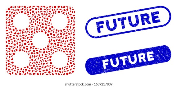 Mosaic dice and grunge stamp seals with Future caption. Mosaic vector dice is created with random oval elements. Future stamp seals use blue color, and have round rectangle shape.