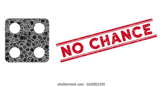 Mosaic dice icon and red No Chance seal stamp between double parallel lines. Flat vector dice mosaic icon of scattered rotated rectangular items. Red No Chance stamp with rubber surface.