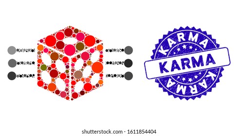 Mosaic dice links icon and distressed stamp watermark with Karma phrase. Mosaic vector is designed with dice links icon and with scattered spheric items. Karma stamp uses blue color,