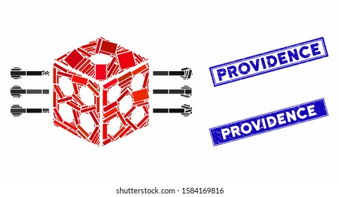 Mosaic dice links icon and rectangle Providence seal stamps. Flat vector dice links mosaic icon of randomized rotated rectangle items. Blue Providence stamp imprints with corroded surface.