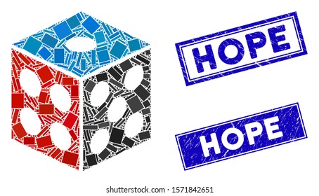 Mosaic dice pictogram and rectangular Hope seal stamps. Flat vector dice mosaic icon of random rotated rectangular items. Blue Hope seal stamps with grunge surface.