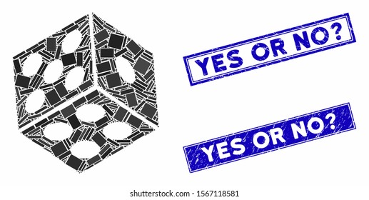 Mosaic dice pictogram and rectangular rubber prints. Flat vector dice mosaic pictogram of random rotated rectangular elements. Blue caption stamp imprints with rubber textures.
