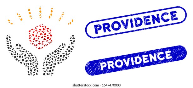 Mosaic dice win hands and grunge stamp seals with Providence phrase. Mosaic vector dice win hands is composed with randomized ellipse pieces. Providence stamp seals use blue color,