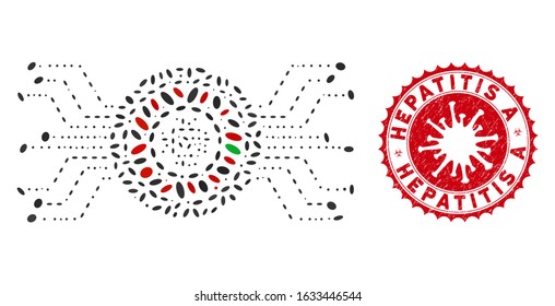 Mosaic digital casino circuit icon and red rounded distressed stamp seal with Hepatitis A caption and coronavirus symbol.