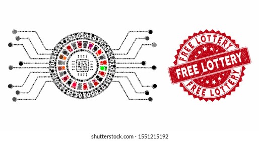 Mosaic digital casino circuit and rubber stamp seal with Free Lottery phrase. Mosaic vector is composed with digital casino circuit icon and with scattered spheric spots.