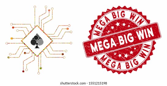 Mosaic digital casino circuit and rubber stamp watermark with Mega Big Win caption. Mosaic vector is composed with digital casino circuit icon and with randomized spheric spots.