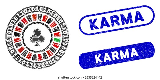 Mosaic digital casino roulette and corroded stamp seals with Karma text. Mosaic vector digital casino roulette is created with scattered rectangles. Karma stamp seals use blue color,