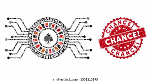 Mosaic digital casino roulette and grunge stamp seal with Chance! caption. Mosaic vector is created with digital casino roulette icon and with randomized round elements.