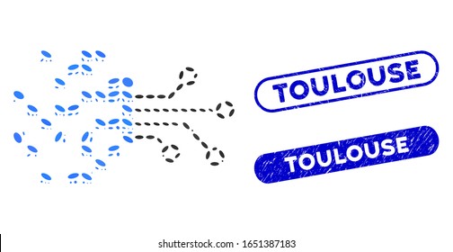 Mosaic digital circuit transformation and corroded stamp seals with Toulouse caption. Mosaic vector digital circuit transformation is designed with scattered ellipse elements.