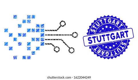 Mosaic digital circuit transformation icon and distressed stamp seal with Stuttgart phrase. Mosaic vector is composed with digital circuit transformation icon and with randomized oval items.