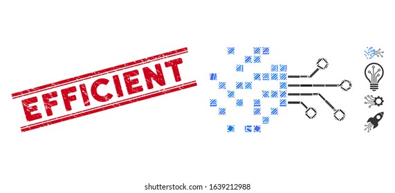 Mosaic digital circuit transformation icon and red Efficient seal stamp between double parallel lines. Flat vector digital circuit transformation mosaic icon of randomized rotated rectangle elements.