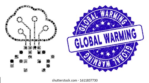 Mosaic digital cloud icon and distressed stamp seal with Global Warming caption. Mosaic vector is designed from digital cloud icon and with random circle elements.
