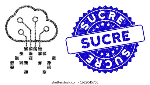 Mosaic digital cloud icon and grunge stamp seal with Sucre phrase. Mosaic vector is formed with digital cloud icon and with random ellipse items. Sucre stamp seal uses blue color, and distress design.