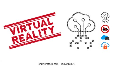 Mosaic digital cloud pictogram and red Virtual Reality seal between double parallel lines. Flat vector digital cloud mosaic pictogram of scattered rotated rectangle elements.