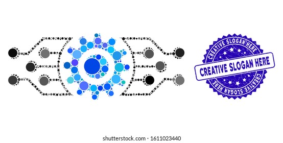 Mosaic digital cog icon and corroded stamp watermark with Creative Slogan Here text. Mosaic vector is formed from digital cog icon and with randomized round elements.